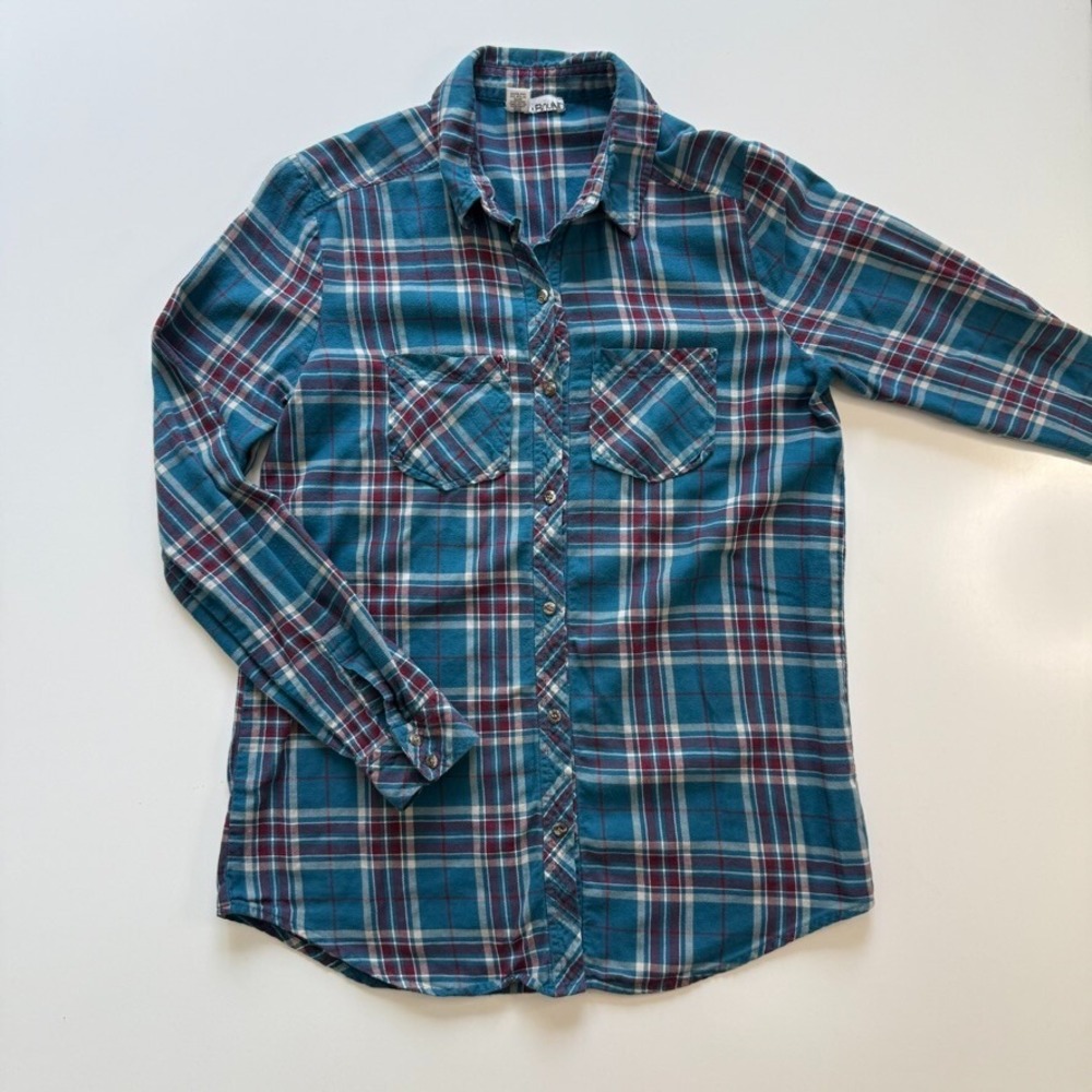 Abound Long Sleeve‎ Flannel Shirt Womens Blue Plaid Teal Blue Lightweight Cotton